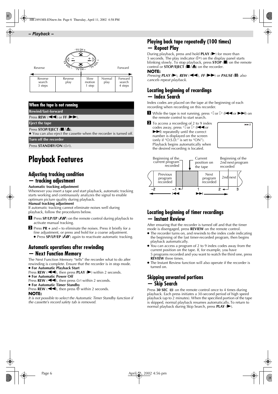 Playback features, Adjusting tracking condition — tracking adjustment, Locating beginning of recordings — index search | Skipping unwanted portions — skip search | JVC HR-J491MS User Manual | Page 6 / 16