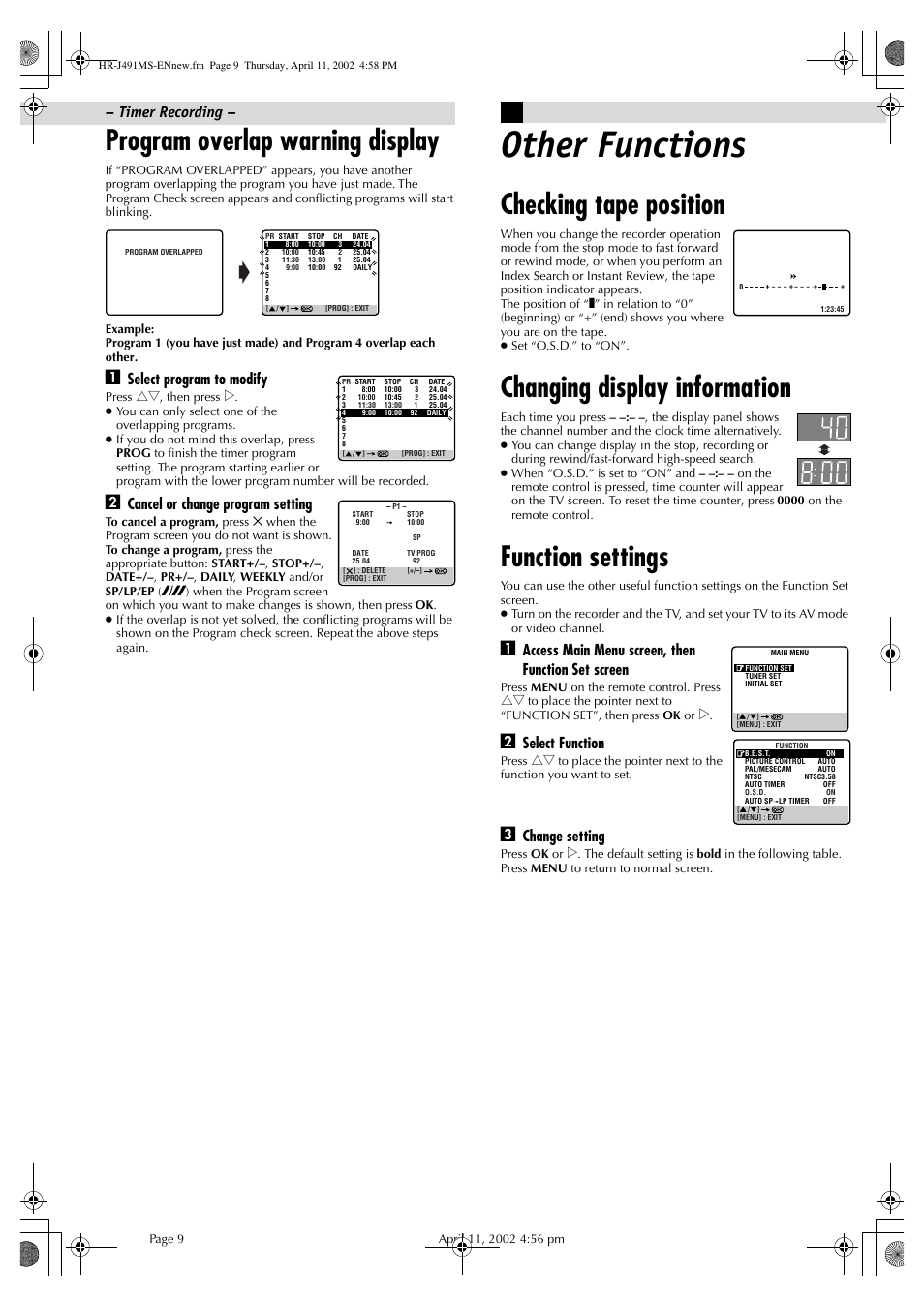 Program overlap warning display, Other functions, Checking tape position | Changing display information, Function settings, Select program to modify, Cancel or change program setting, Access main menu screen, then function set screen, Select function, Change setting | JVC HR-J491MS User Manual | Page 9 / 16