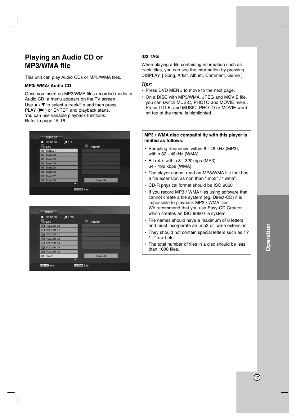 Playing an audio cd or mp3/wma file, Operation | JVC XV-N452S User Manual | Page 17 / 28