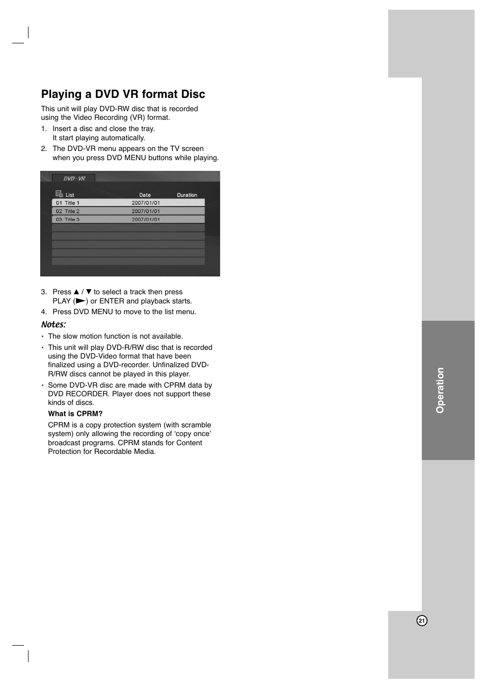 Playing a dvd vr format disc, Operation | JVC XV-N452S User Manual | Page 21 / 28