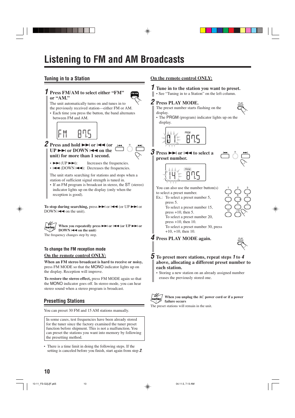 Listening to fm and am broadcasts, Tuning in to a station, Presetting stations | JVC FS-G2 User Manual | Page 12 / 28