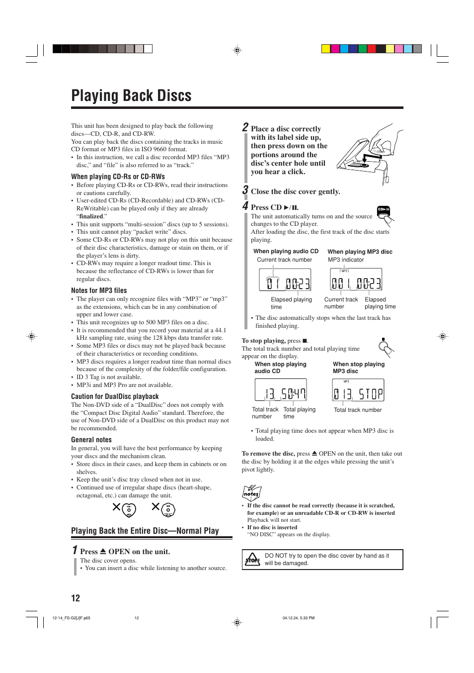 Playing back discs, Playing back the entire disc—normal play | JVC FS-G2 User Manual | Page 14 / 28