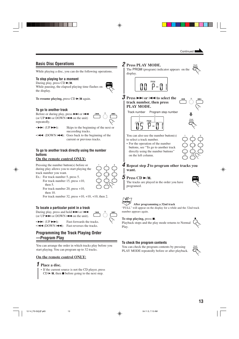 Basic disc operations, Programming the track playing order —program play | JVC FS-G2 User Manual | Page 15 / 28