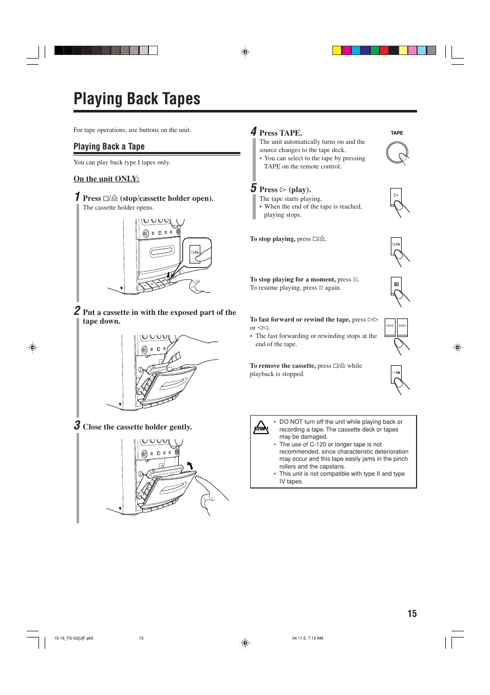 Playing back tapes | JVC FS-G2 User Manual | Page 17 / 28