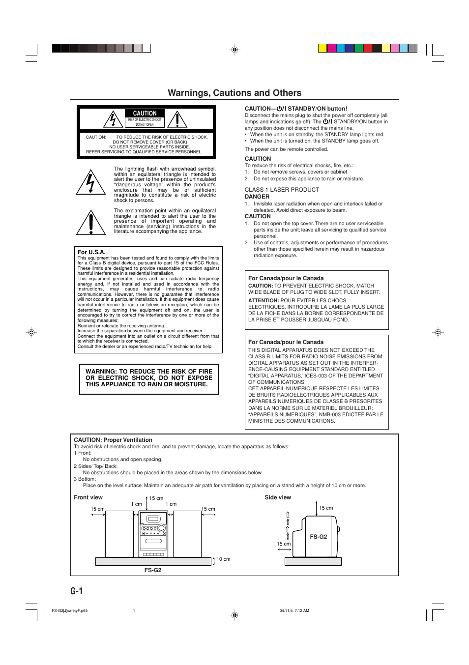 G-1 warnings, cautions and others | JVC FS-G2 User Manual | Page 2 / 28