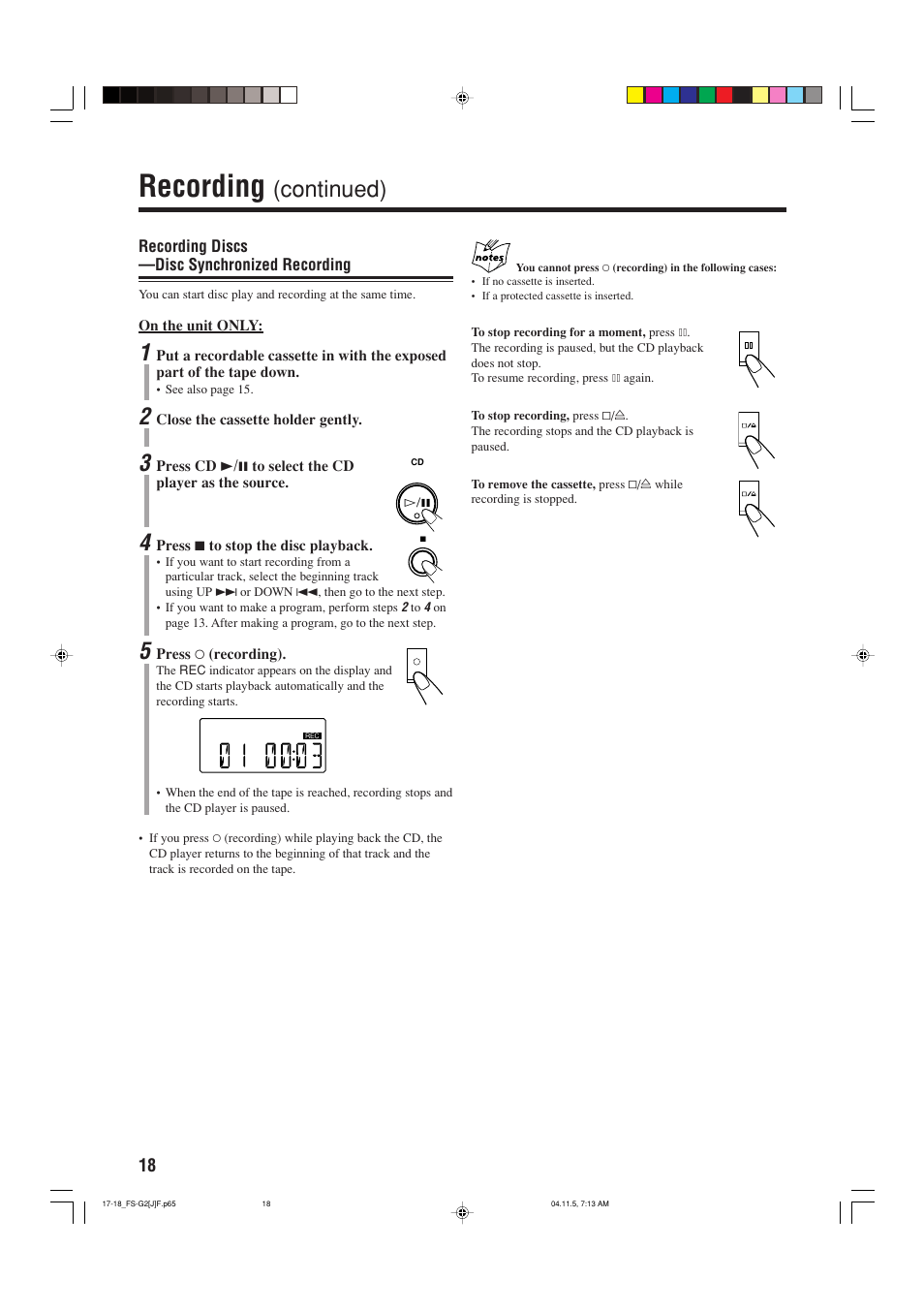 Recording, Continued) | JVC FS-G2 User Manual | Page 20 / 28