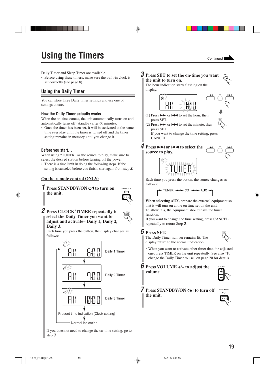 Using the timers, Using the daily timer | JVC FS-G2 User Manual | Page 21 / 28