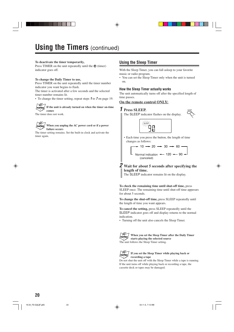 Using the timers, Continued), Using the sleep timer | JVC FS-G2 User Manual | Page 22 / 28