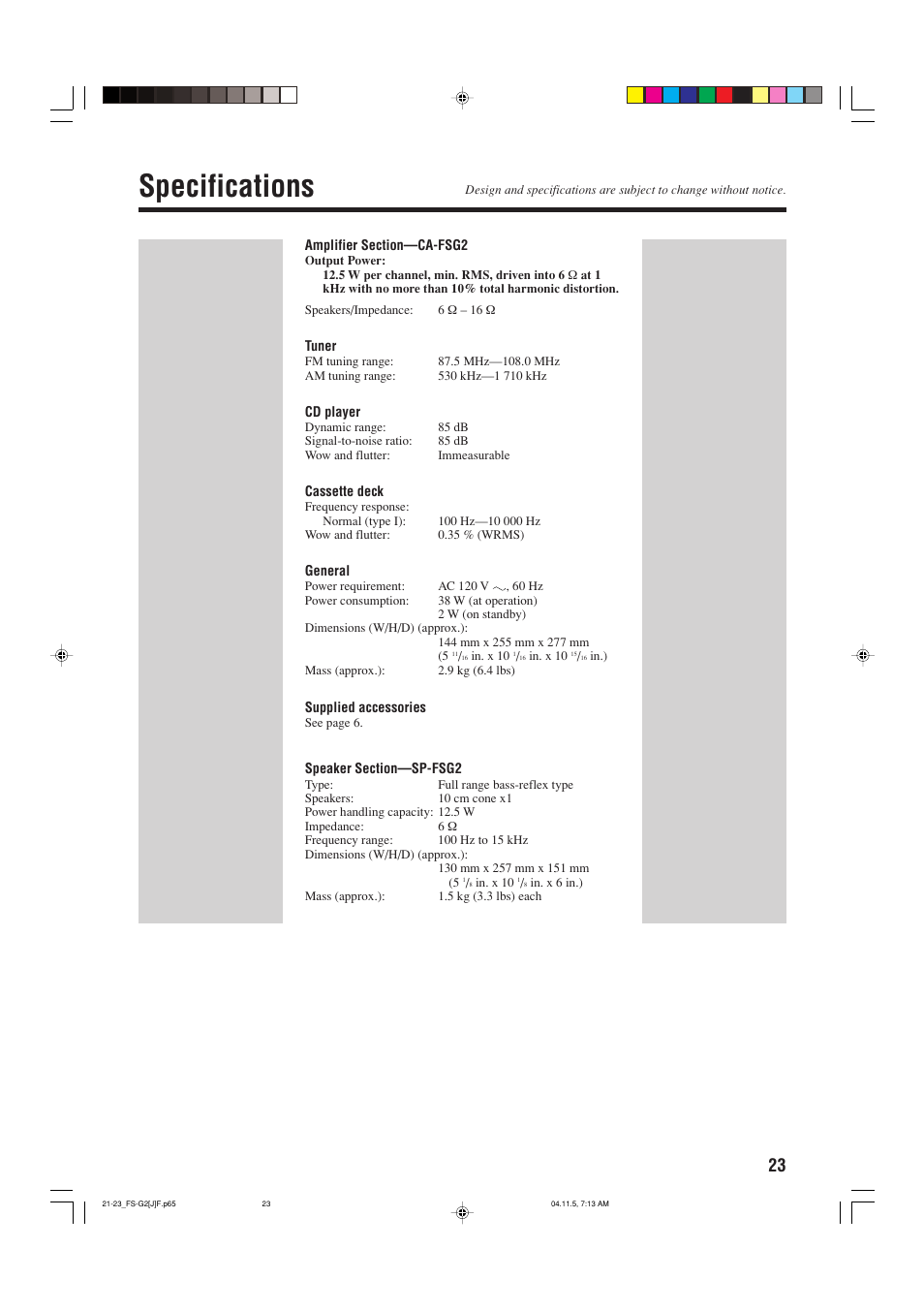 Specifications | JVC FS-G2 User Manual | Page 25 / 28