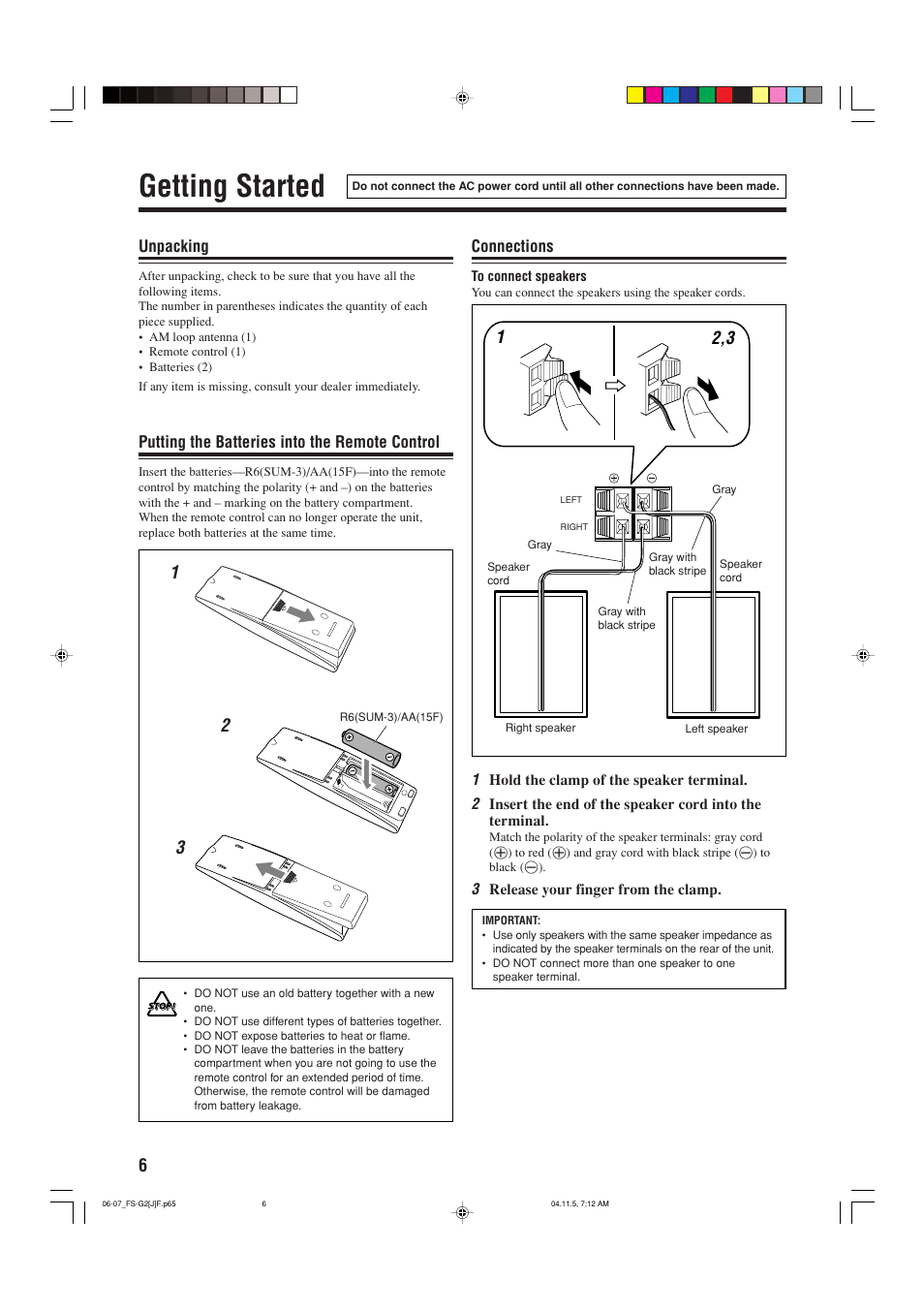 Getting started, Unpacking, Putting the batteries into the remote control | Connections | JVC FS-G2 User Manual | Page 8 / 28