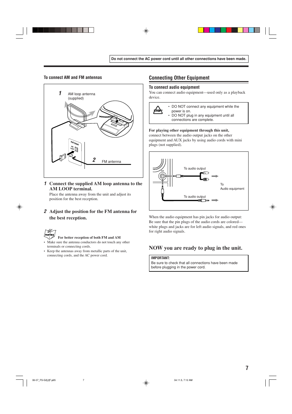 Now you are ready to plug in the unit, Connecting other equipment | JVC FS-G2 User Manual | Page 9 / 28