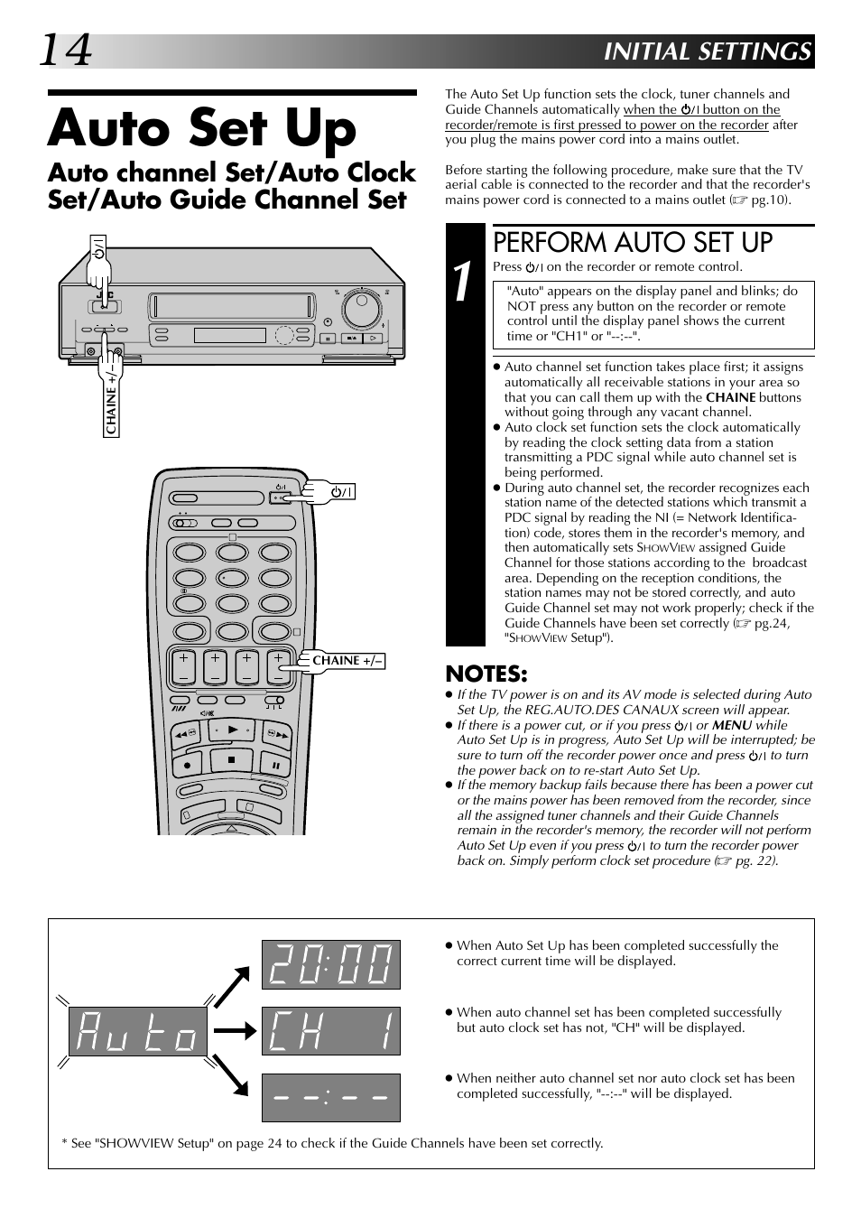 Auto set up, Perform auto set up, Initial settings | JVC HR-J449MS User Manual | Page 14 / 56
