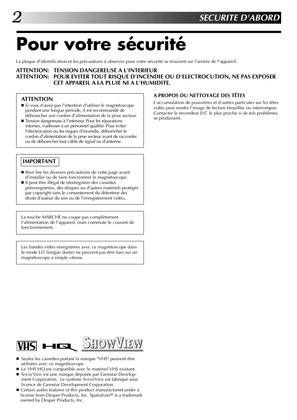 Pour votre sécurité, Securite d'abord | JVC HR-J449MS User Manual | Page 2 / 56
