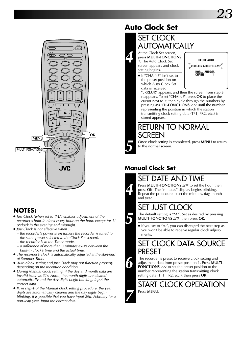 Set date and time, Set just clock, Set clock data source preset | Start clock operation, Set clock automatically, Return to normal screen, Auto clock set | JVC HR-J449MS User Manual | Page 23 / 56