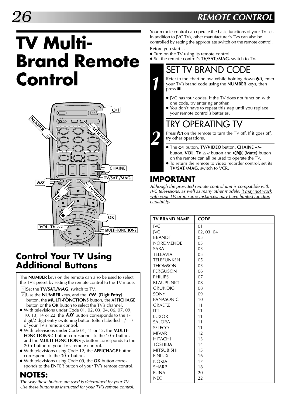 Tv multi- brand remote control, Set tv brand code, Try operating tv | Remote control, Control your tv using additional buttons, Important | JVC HR-J449MS User Manual | Page 26 / 56