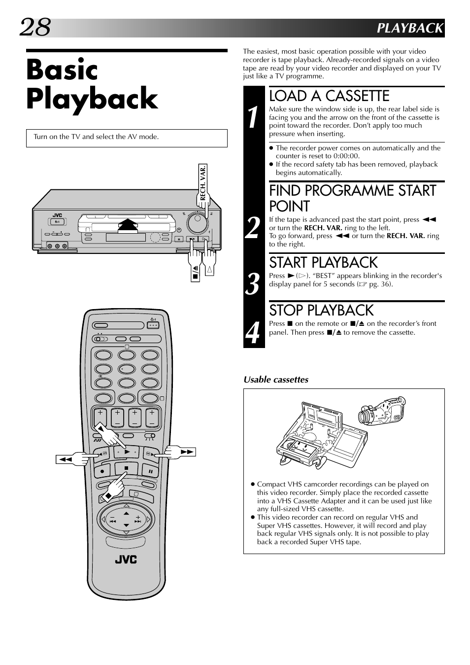 Basic playback, Load a cassette, Find programme start point | Start playback, Stop playback, Playback | JVC HR-J449MS User Manual | Page 28 / 56
