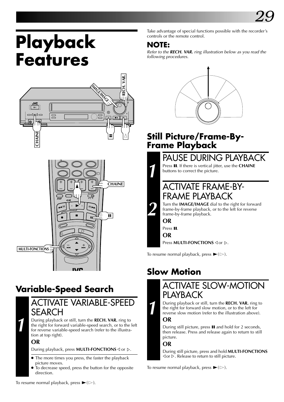 Playback features, Pause during playback, Activate frame-by- frame playback | Activate slow-motion playback, Activate variable-speed search, Still picture/frame-by- frame playback, Slow motion, Variable-speed search | JVC HR-J449MS User Manual | Page 29 / 56