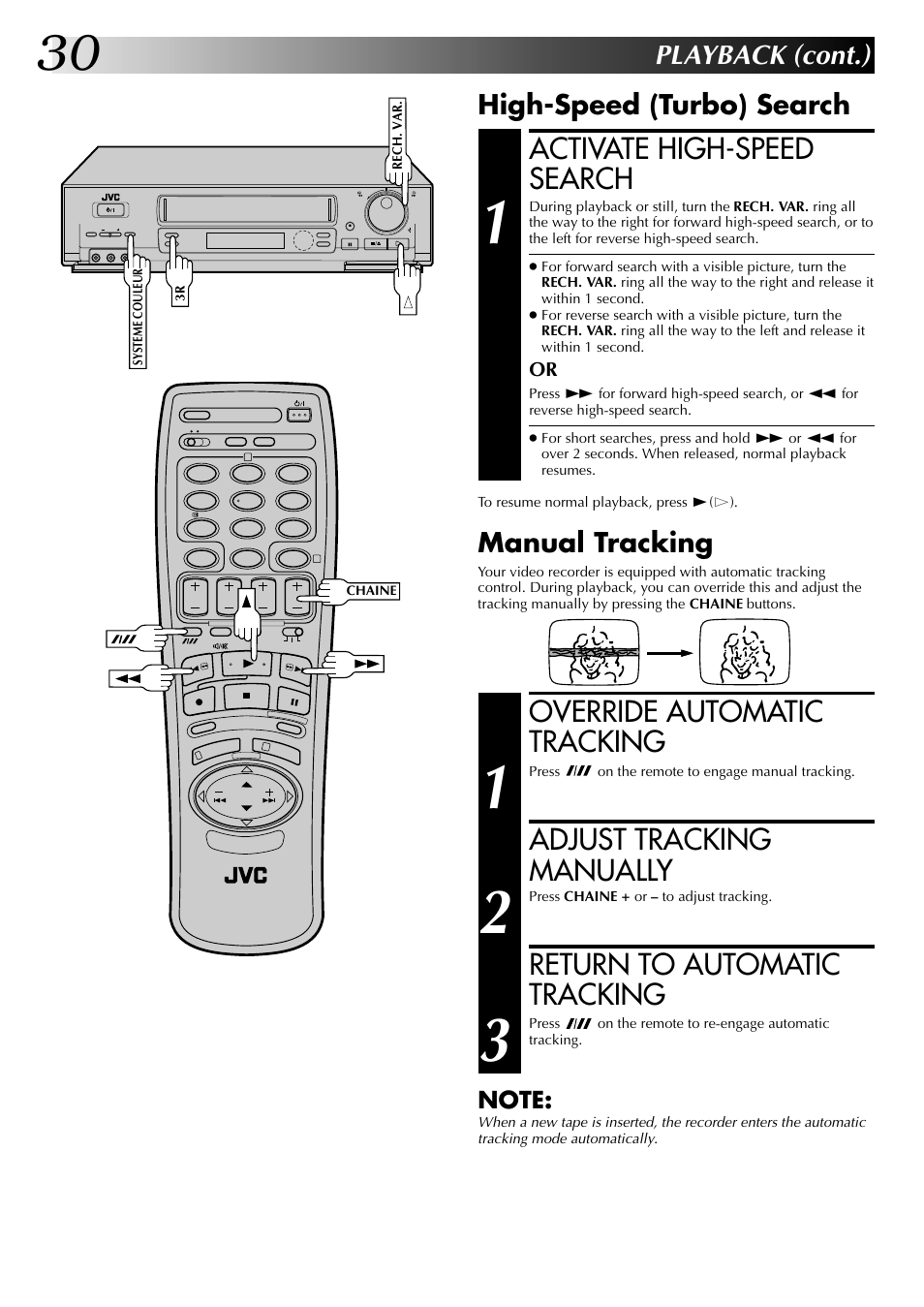 Activate high-speed search, Override automatic tracking, Adjust tracking manually | Return to automatic tracking, Playback (cont.), High-speed (turbo) search, Manual tracking | JVC HR-J449MS User Manual | Page 30 / 56