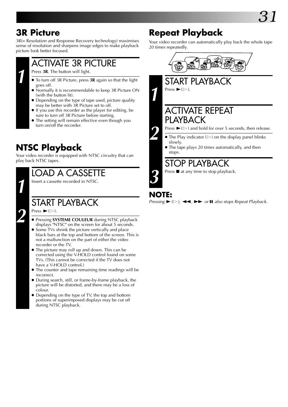 Start playback, Activate repeat playback, Stop playback | Activate 3r picture, Load a cassette, Repeat playback, 3r picture, Ntsc playback | JVC HR-J449MS User Manual | Page 31 / 56