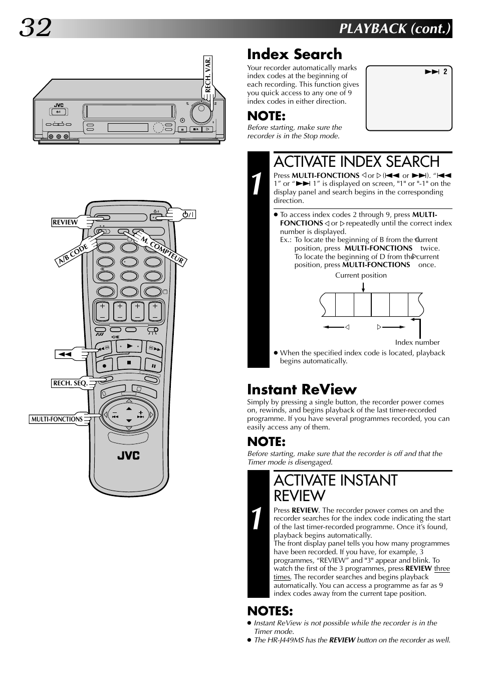 Activate index search, Activate instant review, Playback (cont.) | Index search, Instant review | JVC HR-J449MS User Manual | Page 32 / 56