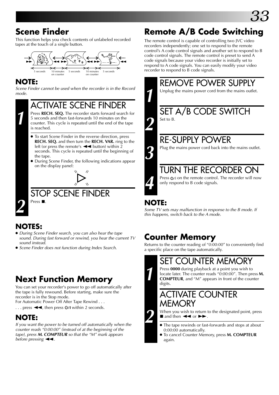 Remove power supply, Set a/b code switch, Re-supply power | Turn the recorder on, Activate scene finder, Stop scene finder, Remote a/b code switching, Scene finder | JVC HR-J449MS User Manual | Page 33 / 56