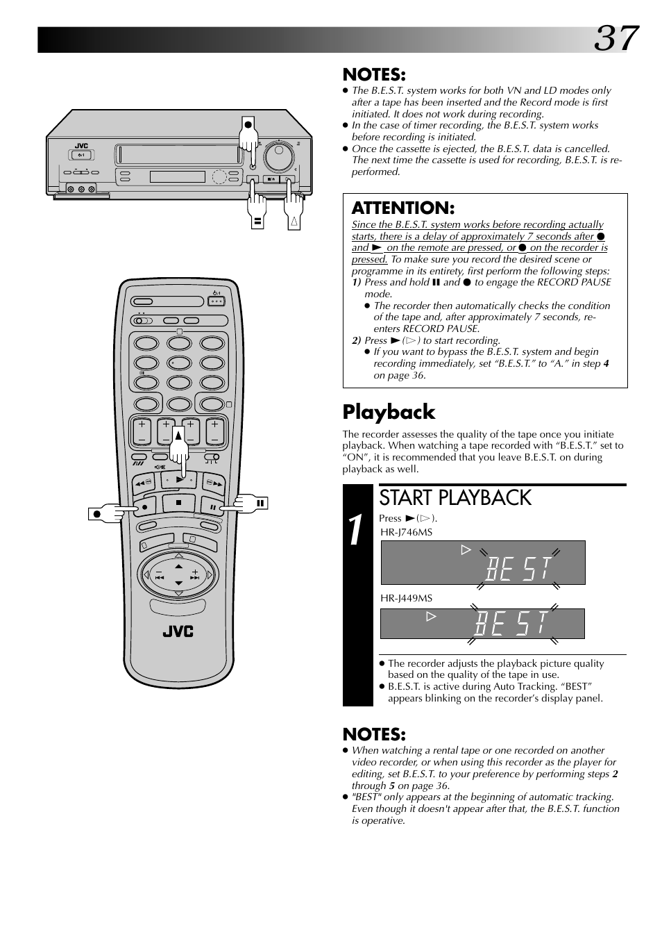Start playback, Playback, Attention | JVC HR-J449MS User Manual | Page 37 / 56