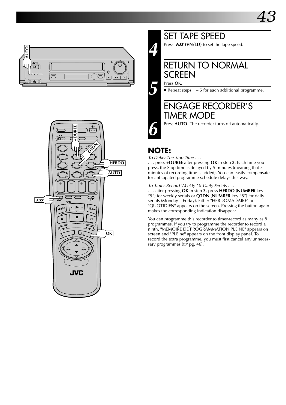 Set tape speed, Return to normal screen, Engage recorder’s timer mode | JVC HR-J449MS User Manual | Page 43 / 56