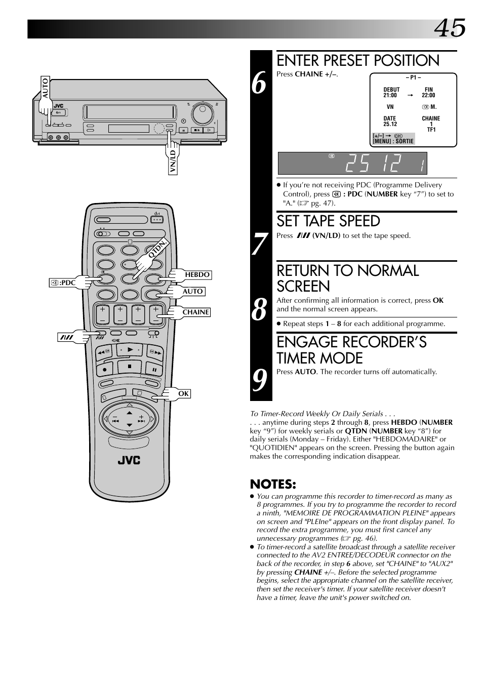 Enter preset position, Set tape speed, Return to normal screen | Engage recorder’s timer mode | JVC HR-J449MS User Manual | Page 45 / 56