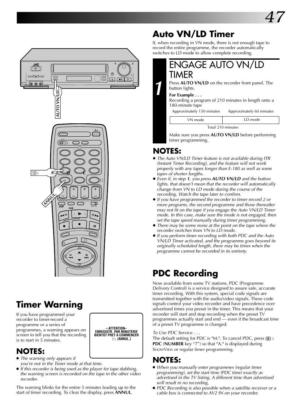 Engage auto vn/ld timer, Auto vn/ld timer, Pdc recording | Timer warning | JVC HR-J449MS User Manual | Page 47 / 56