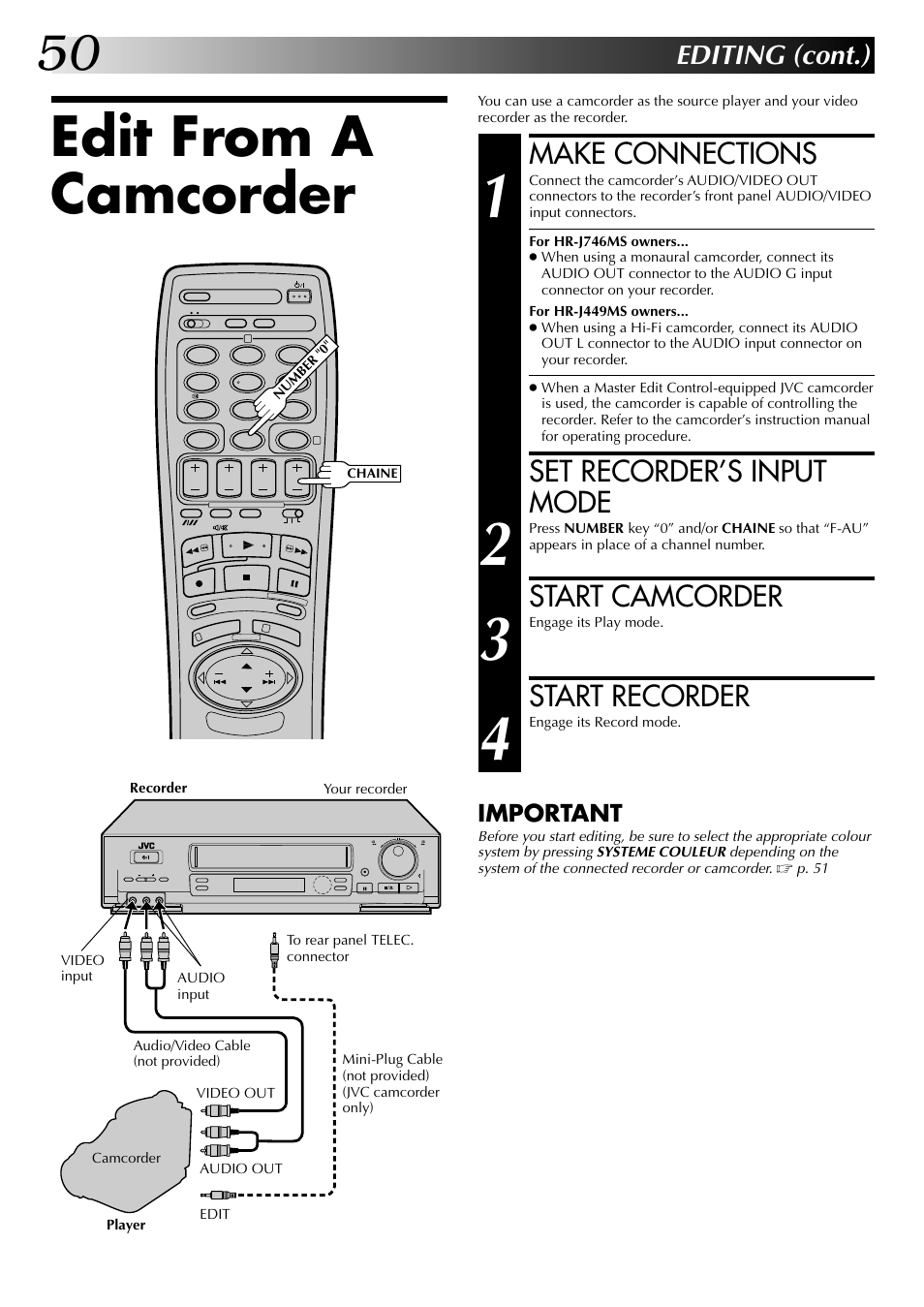 Edit from a camcorder, Make connections, Set recorder’s input mode | Start camcorder, Start recorder, Editing (cont.), Important | JVC HR-J449MS User Manual | Page 50 / 56