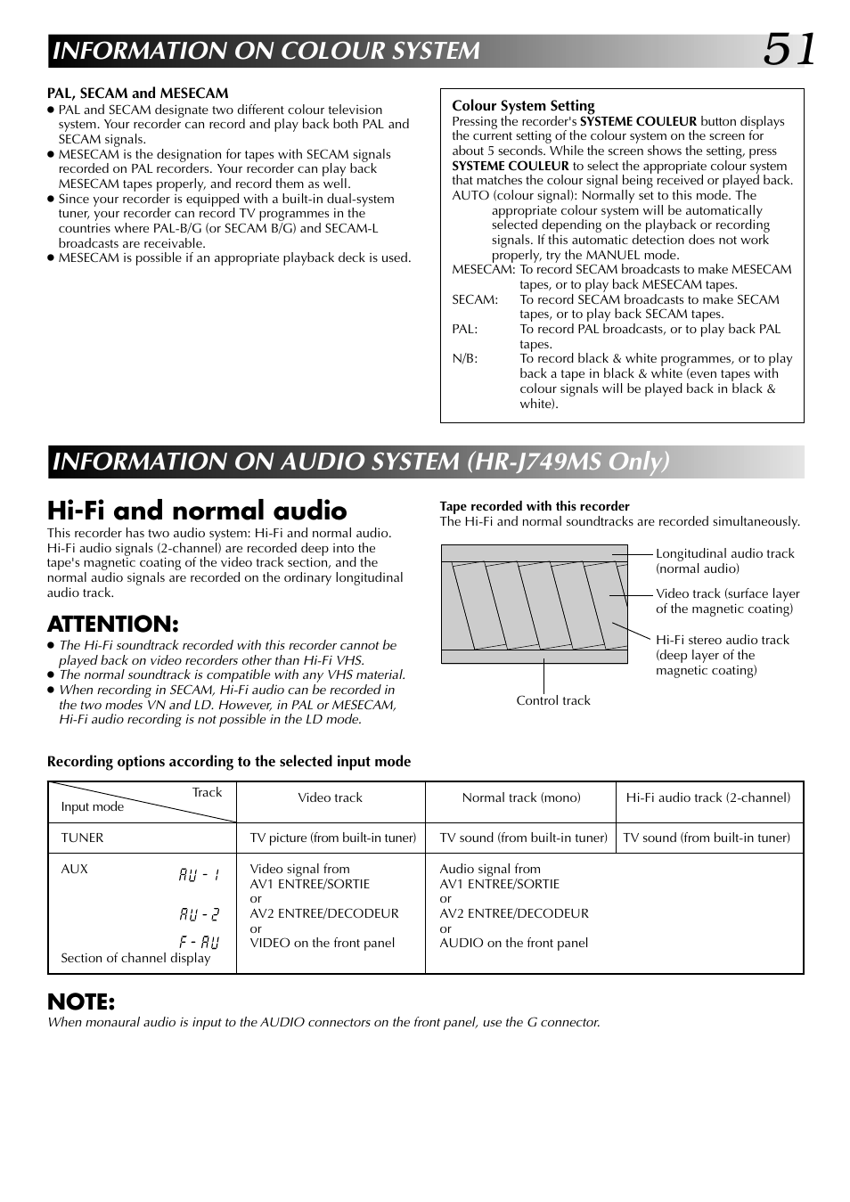Information on colour system, Information on audio system (hr-j749ms only), Hi-fi and normal audio | Attention | JVC HR-J449MS User Manual | Page 51 / 56