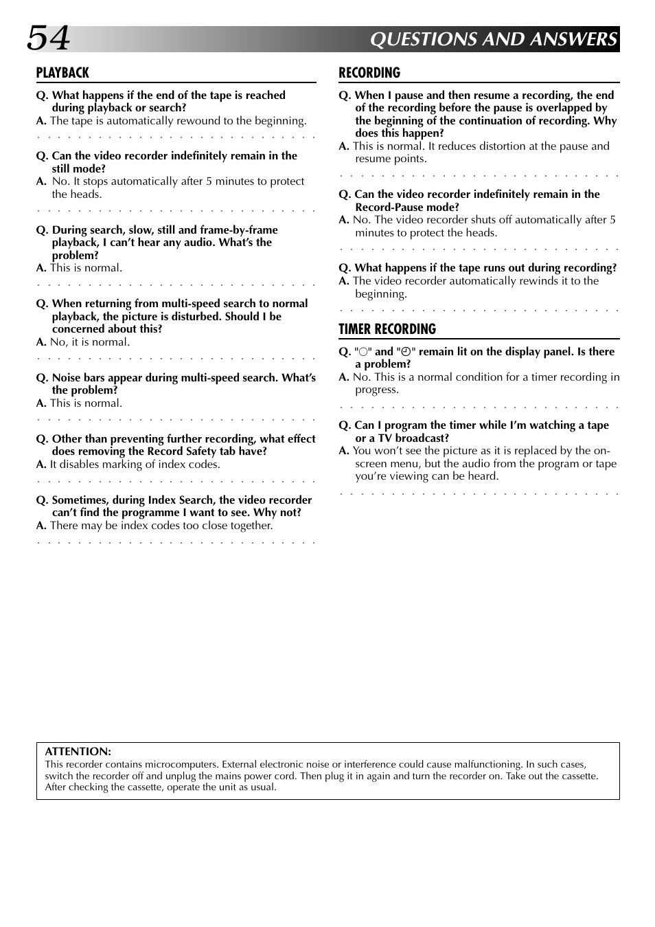 Questions and answers, Playback, Recording | Timer recording | JVC HR-J449MS User Manual | Page 54 / 56