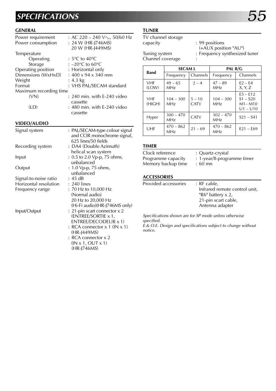 Specifications | JVC HR-J449MS User Manual | Page 55 / 56