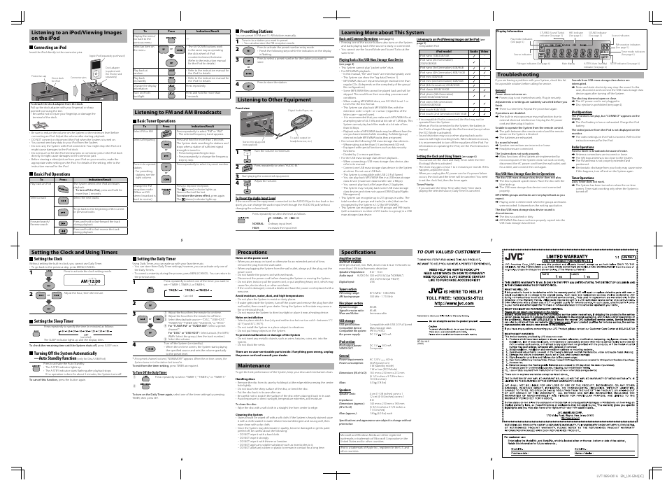 Listening to an ipod/viewing images on the ipod, Listening to fm and am broadcasts, Listening to other equipment | Setting the clock and using timers, Precautions, Maintenance, Learning more about this system, Troubleshooting, Specifications | JVC 0209RYMMDWDAT User Manual | Page 2 / 10