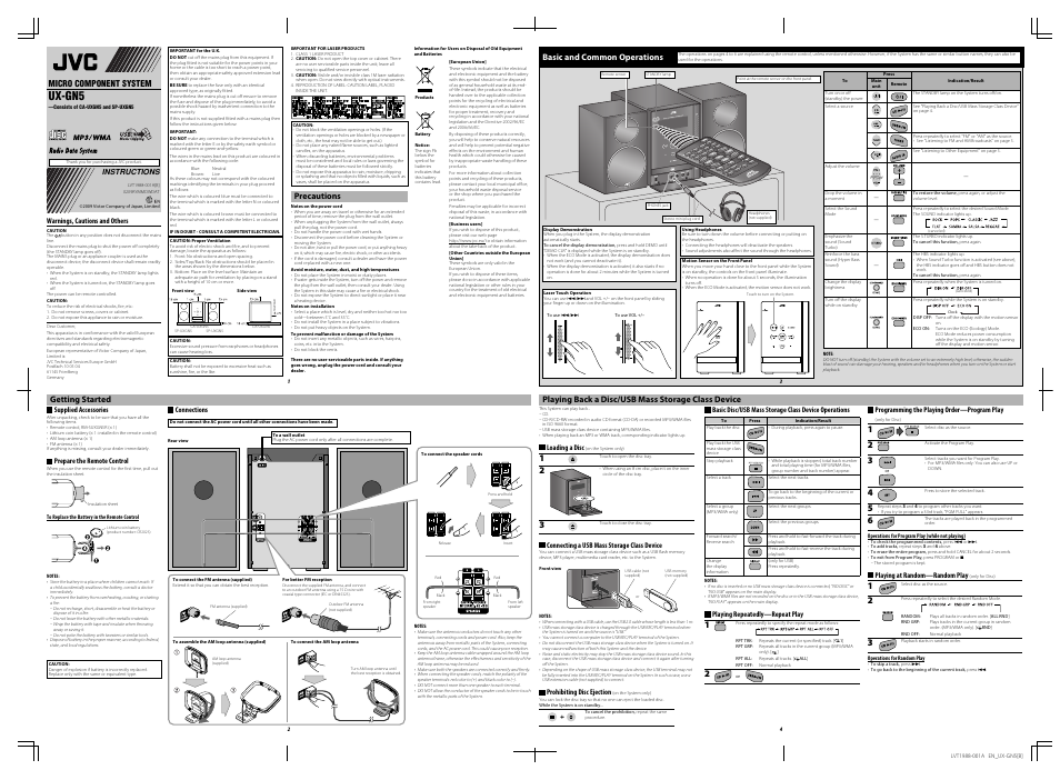 Ux-gn5b, Instructions, Precautions | Basic and common operations, Getting started, Playing back a disc/usb mass storage class device, Ux-gn5 | JVC 0209RYMMDWDAT User Manual | Page 3 / 10