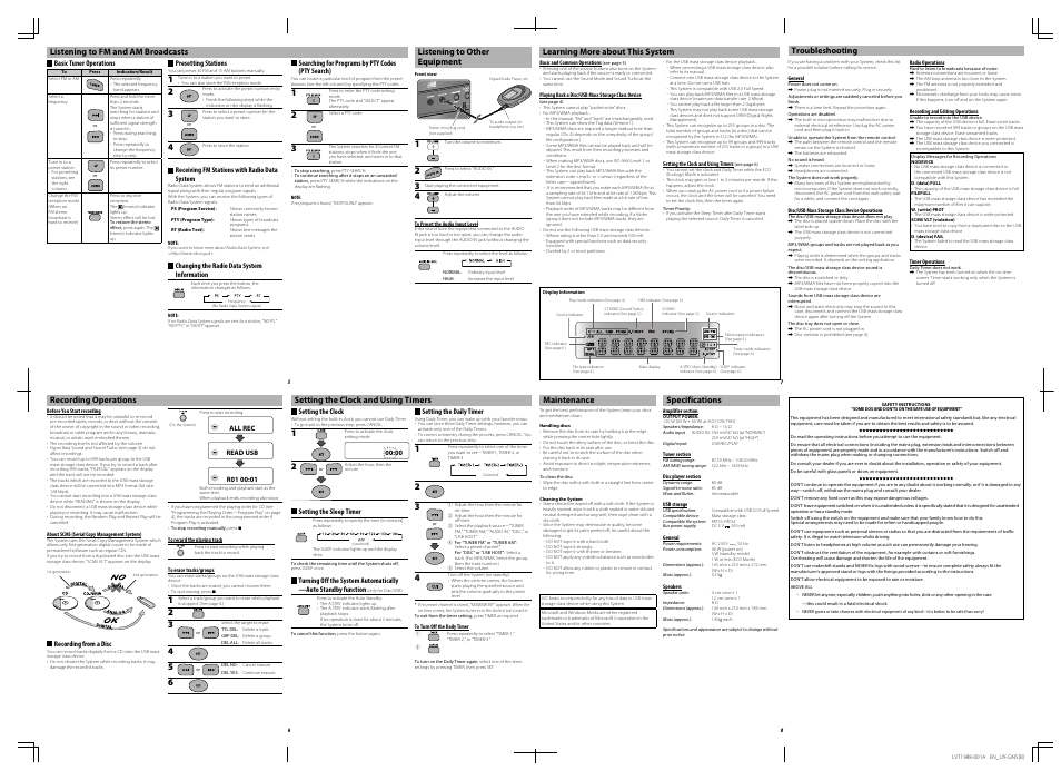 Listening to fm and am broadcasts, Listening to other equipment, Recording operations | Setting the clock and using timers, Learning more about this system, Troubleshooting, Maintenance, Specifications | JVC 0209RYMMDWDAT User Manual | Page 4 / 10