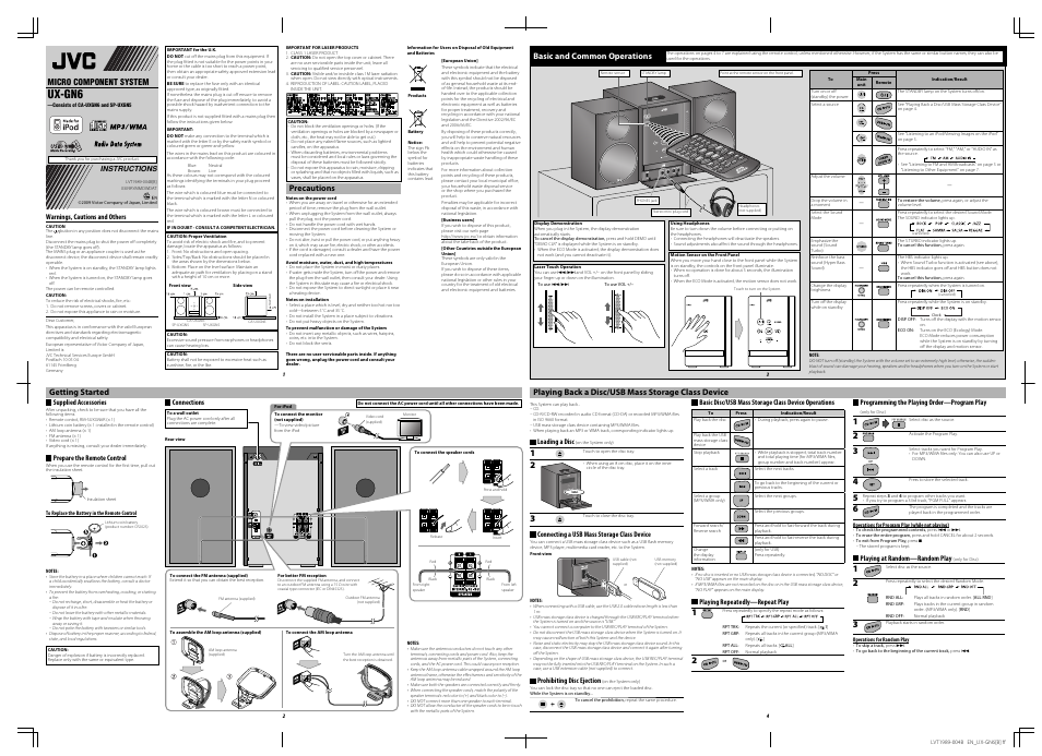 Ux-gn6b, Instructions, Precautions | Getting started, Basic and common operations, Playing back a disc/usb mass storage class device, Ux-gn6 | JVC 0209RYMMDWDAT User Manual | Page 5 / 10