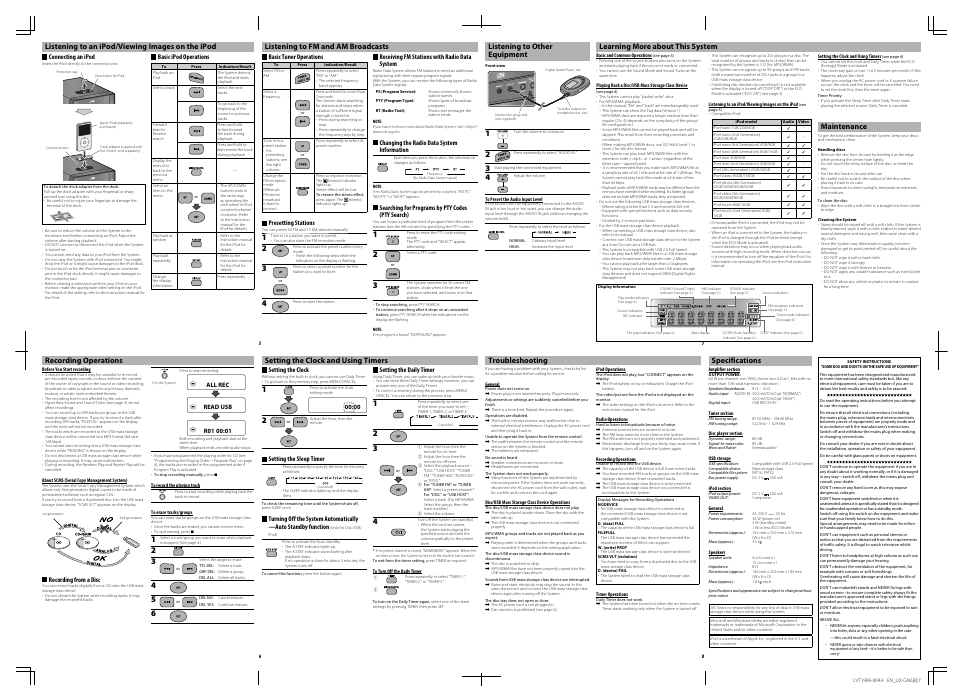 Listening to an ipod/viewing images on the ipod, Listening to fm and am broadcasts, Recording operations | Setting the clock and using timers, Listening to other equipment, Learning more about this system, Troubleshooting, Specifications | JVC 0209RYMMDWDAT User Manual | Page 6 / 10