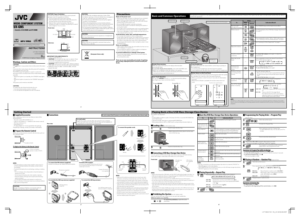 Ux-gn5ub/uw, Instructions, Precautions | Getting started, Basic and common operations, Playing back a disc/usb mass storage class device, Ux-gn5 | JVC 0209RYMMDWDAT User Manual | Page 7 / 10