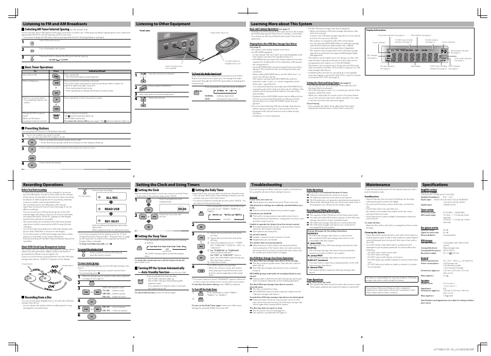 Listening to fm and am broadcasts, Listening to other equipment, Recording operations | Setting the clock and using timers, Learning more about this system, Troubleshooting, Maintenance, Specifications | JVC 0209RYMMDWDAT User Manual | Page 8 / 10