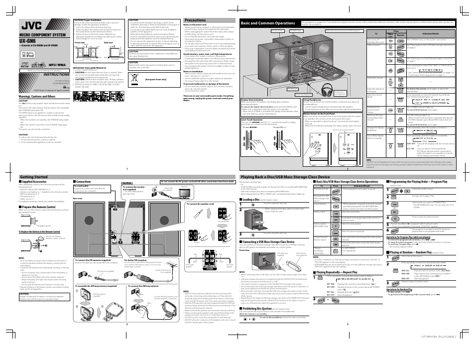 Ux-gn6a, Instructions, Warnings, cautions and others | Precautions, Getting started, Basic and common operations, Playing back a disc/usb mass storage class device, Ux-gn6 | JVC 0209RYMMDWDAT User Manual | Page 9 / 10