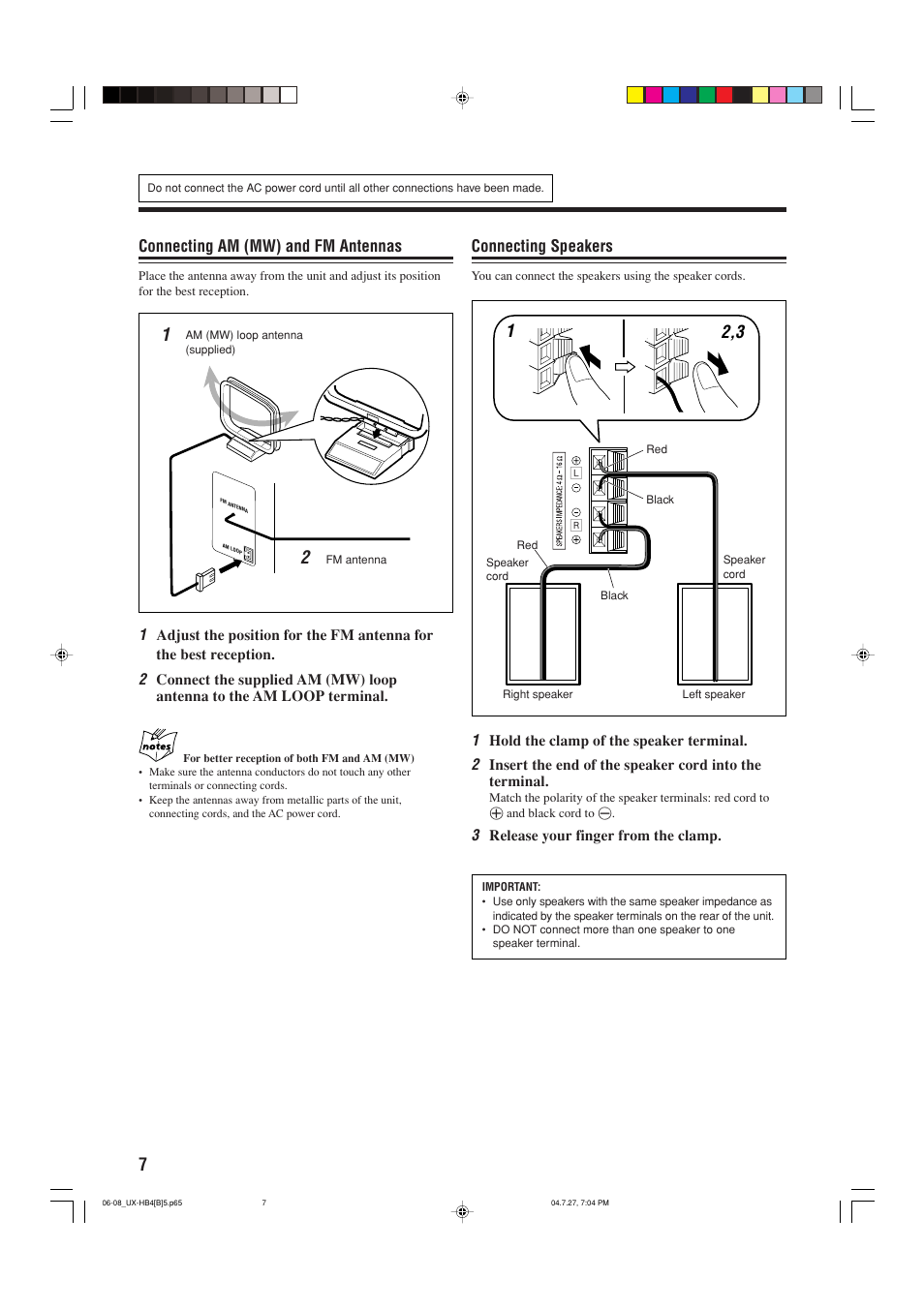 Connecting speakers, Connecting am (mw) and fm antennas | JVC CA-UXHB4 User Manual | Page 10 / 36