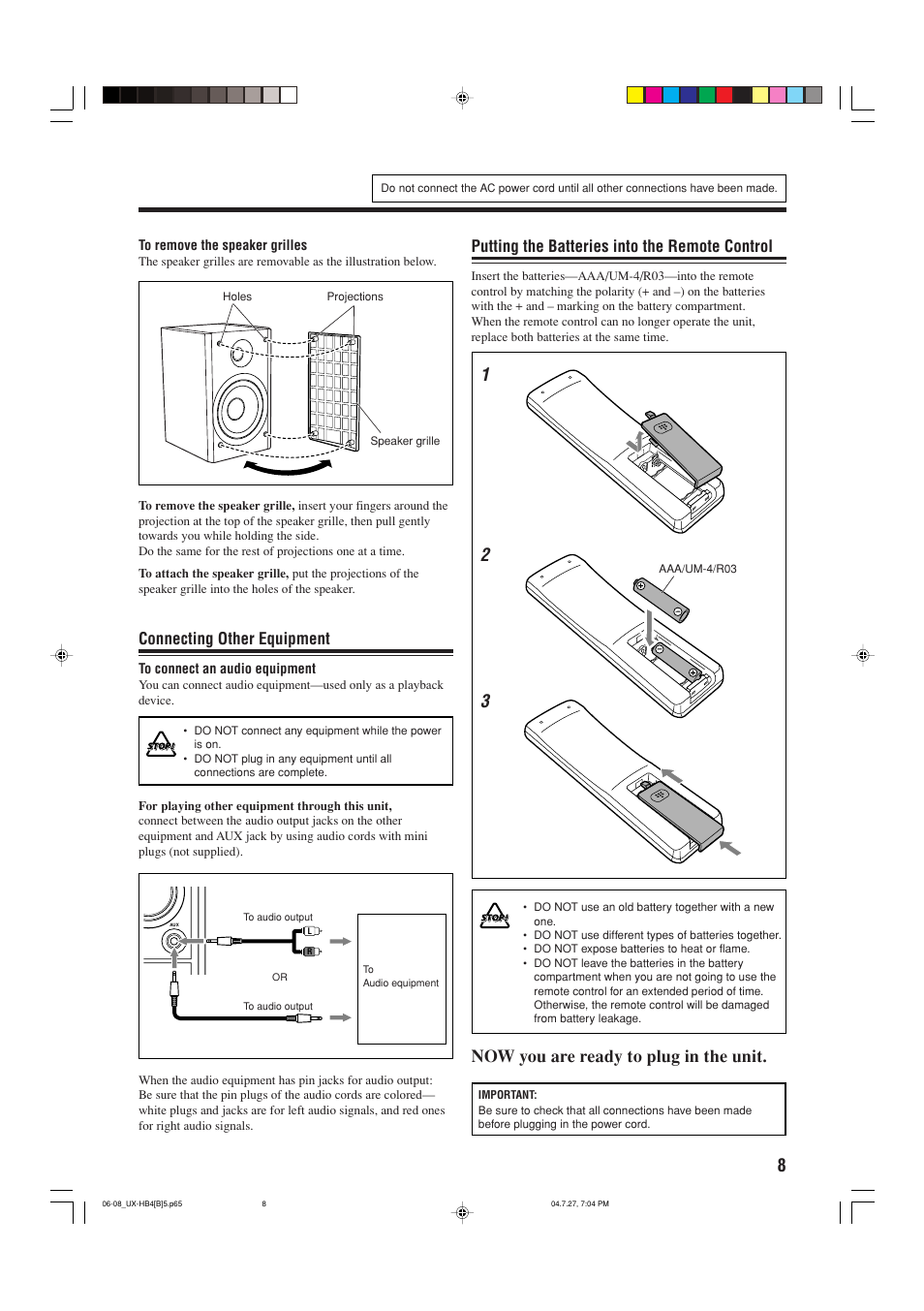 Now you are ready to plug in the unit, Connecting other equipment, Putting the batteries into the remote control | JVC CA-UXHB4 User Manual | Page 11 / 36