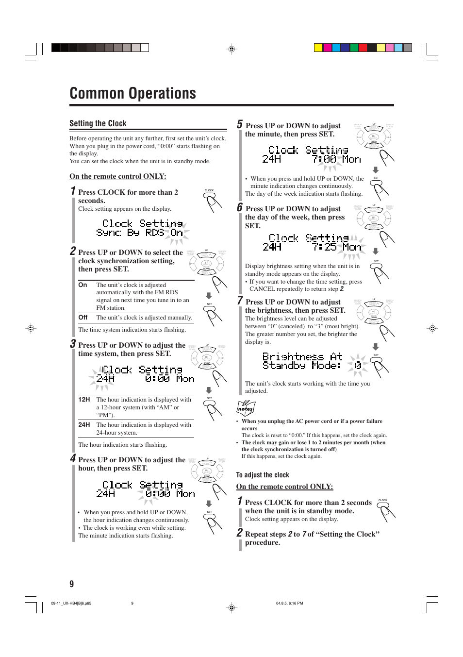 Common operations, Setting the clock, On the remote control only | Press clock for more than 2 seconds, Repeat steps, Of “setting the clock” procedure, Clock setting appears on the display | JVC CA-UXHB4 User Manual | Page 12 / 36