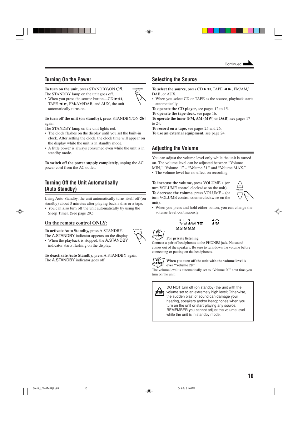 Turning on the power, Turning off the unit automatically (auto standby), Selecting the source | Adjusting the volume | JVC CA-UXHB4 User Manual | Page 13 / 36