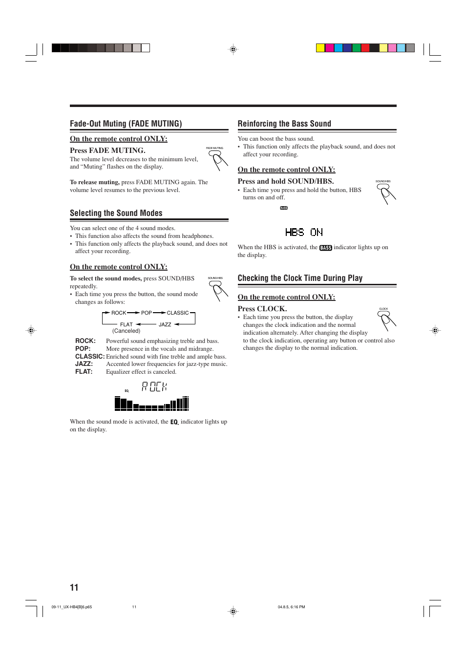 Fade-out muting (fade muting), Selecting the sound modes, Reinforcing the bass sound | Checking the clock time during play | JVC CA-UXHB4 User Manual | Page 14 / 36