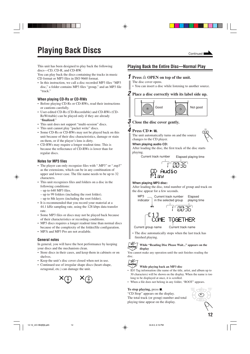 Playing back discs, Playing back the entire disc—normal play | JVC CA-UXHB4 User Manual | Page 15 / 36