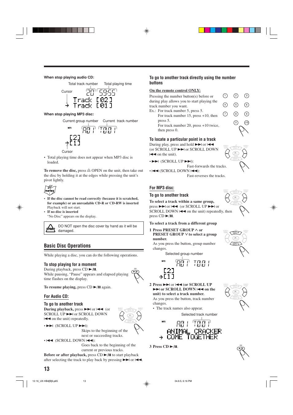 Basic disc operations, For audio cd: to go to another track, For mp3 disc: to go to another track | JVC CA-UXHB4 User Manual | Page 16 / 36