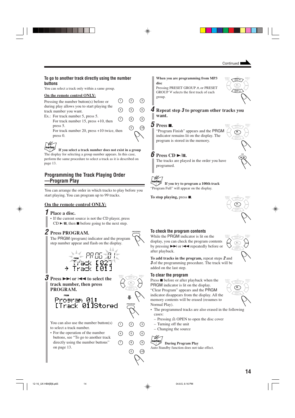 Programming the track playing order —program play, On the remote control only, Place a disc | Press program, Repeat step, Press 7, Press cd 3 / 8 | JVC CA-UXHB4 User Manual | Page 17 / 36