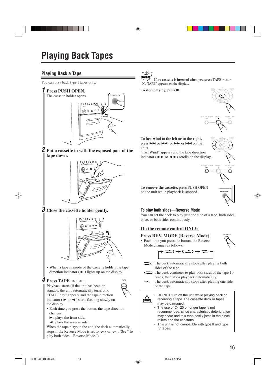 Playing back tapes, Playing back a tape, Press push open | Close the cassette holder gently, Press tape, You can play back type i tapes only, The cassette holder opens | JVC CA-UXHB4 User Manual | Page 19 / 36